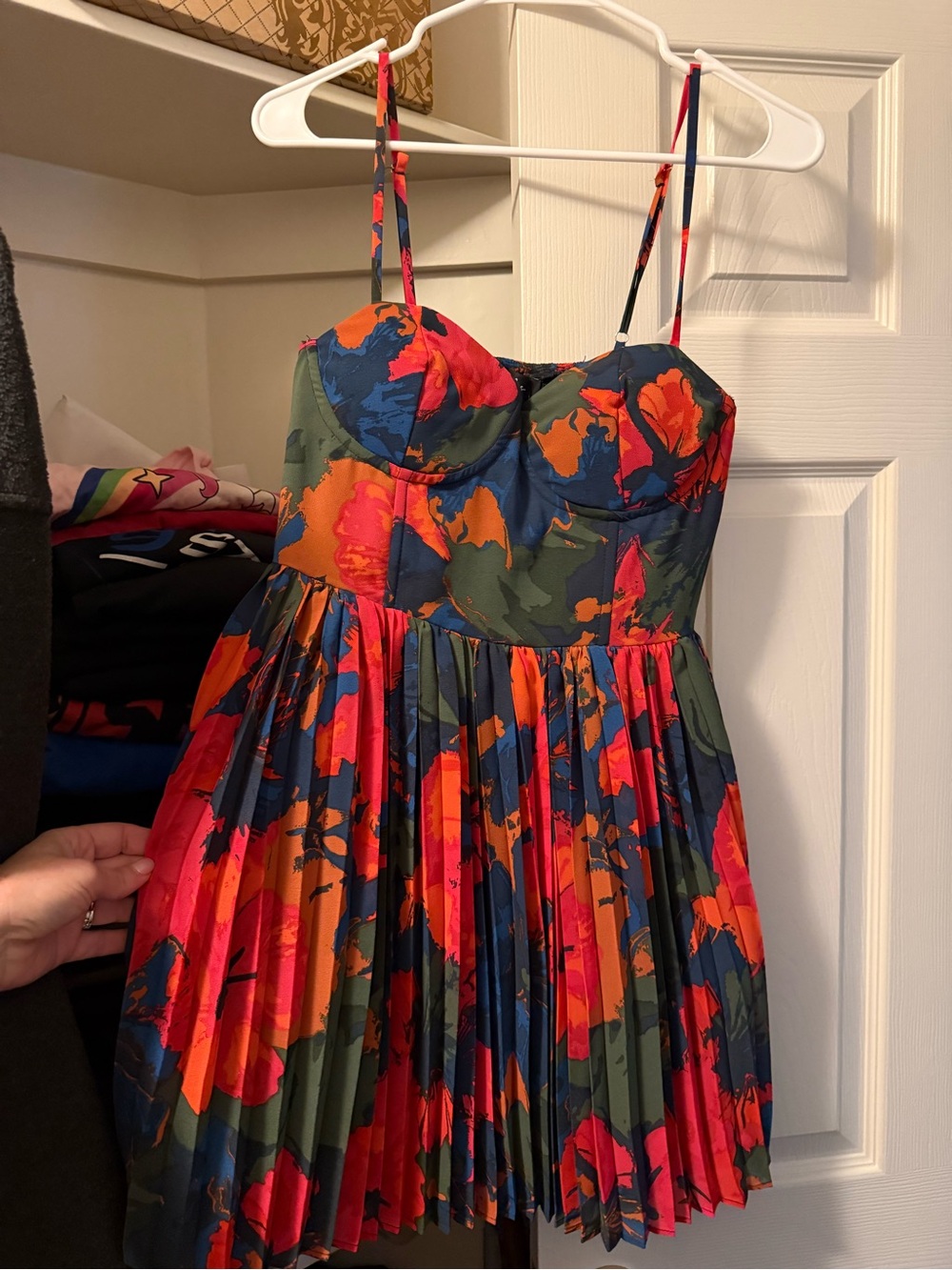 Floral Pleated Spaghetti-Strap Dress - Navy Multi